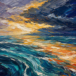 Close-up of thick turquoise, navy, gold, orange, and lavender palette-knife texture.