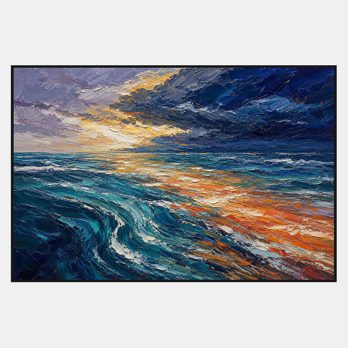 Hand-painted textured ocean artwork with turquoise waves and a gold-orange horizon.