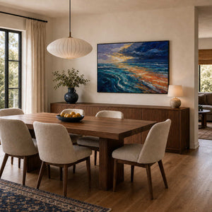 Dynamic blue ocean wall art displayed in a walnut dining room.