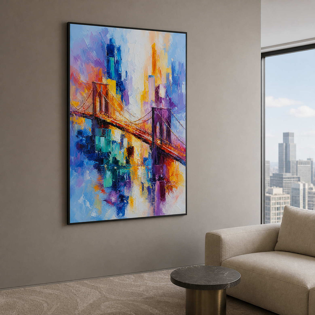 Textured cityscape wall art displayed in a contemporary city hotel suite.