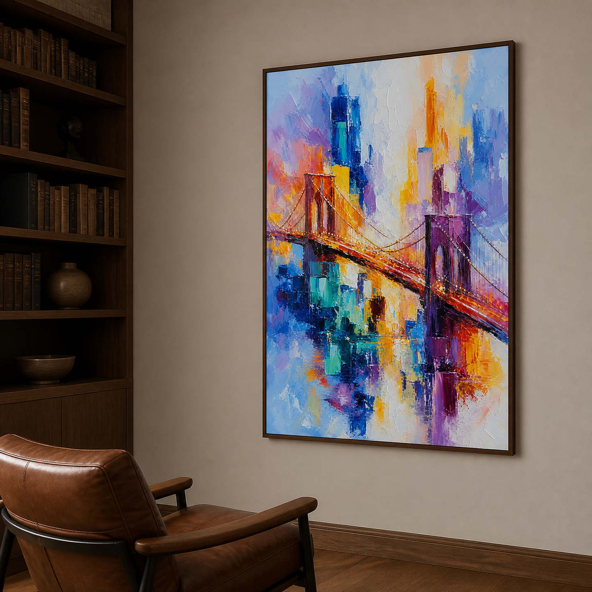 Textured cityscape wall art displayed in a private collector study.