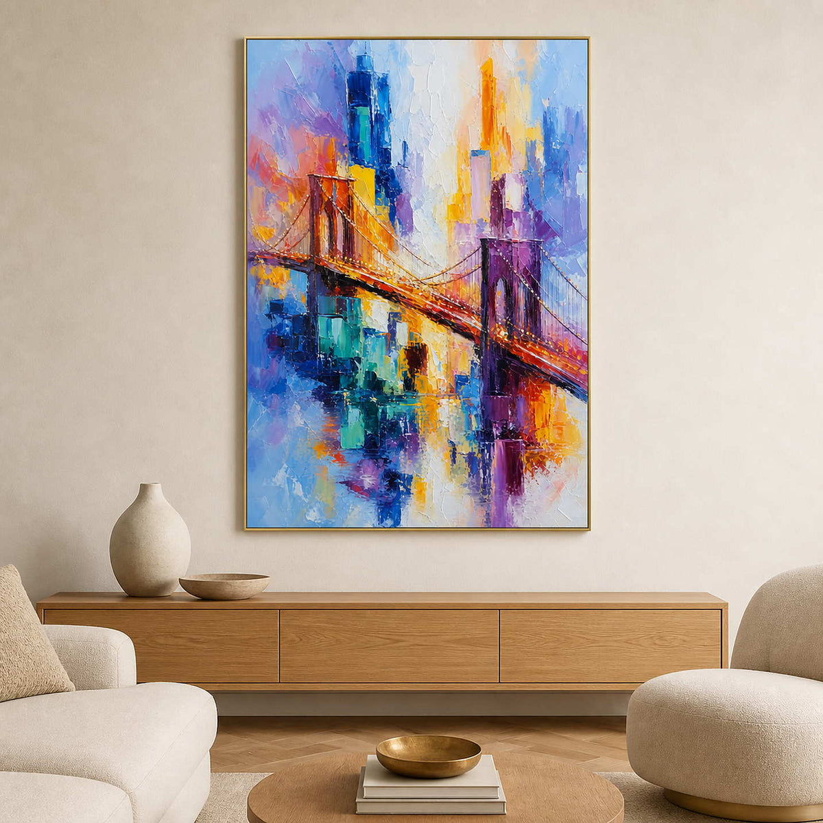 Textured cityscape wall art displayed in a high-rise apartment living room.