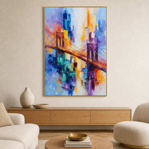 Textured cityscape wall art displayed in a high-rise apartment living room.