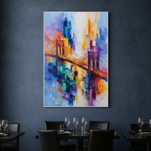 Textured cityscape wall art displayed in a private boutique hotel dining room.