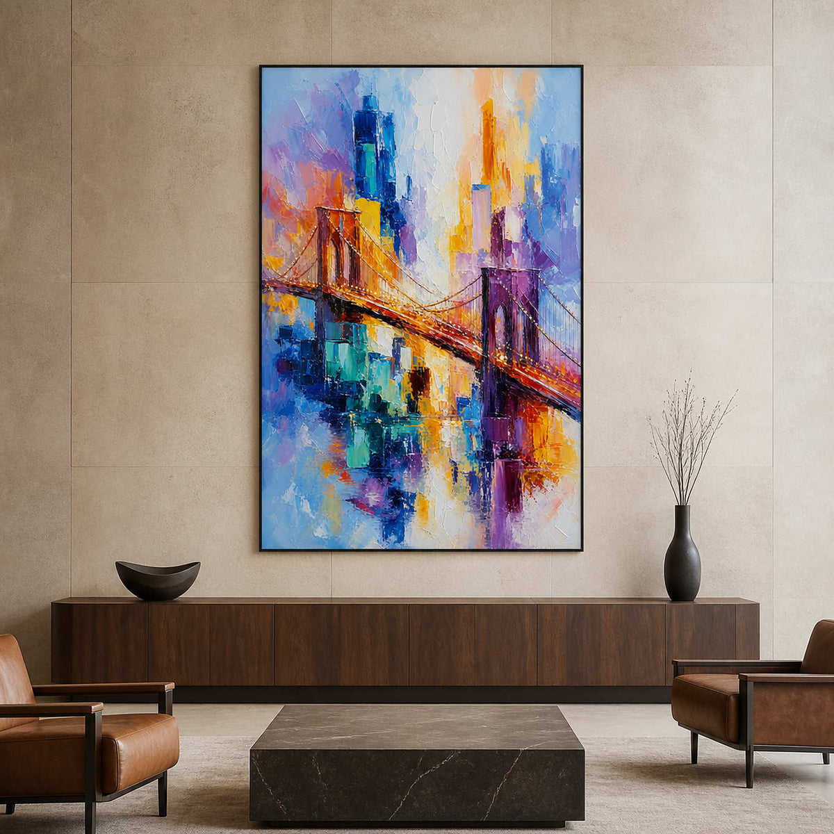 Textured cityscape wall art displayed in a New York boutique hotel lobby.