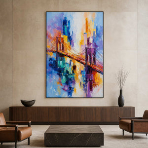 Textured cityscape wall art displayed in a New York boutique hotel lobby.