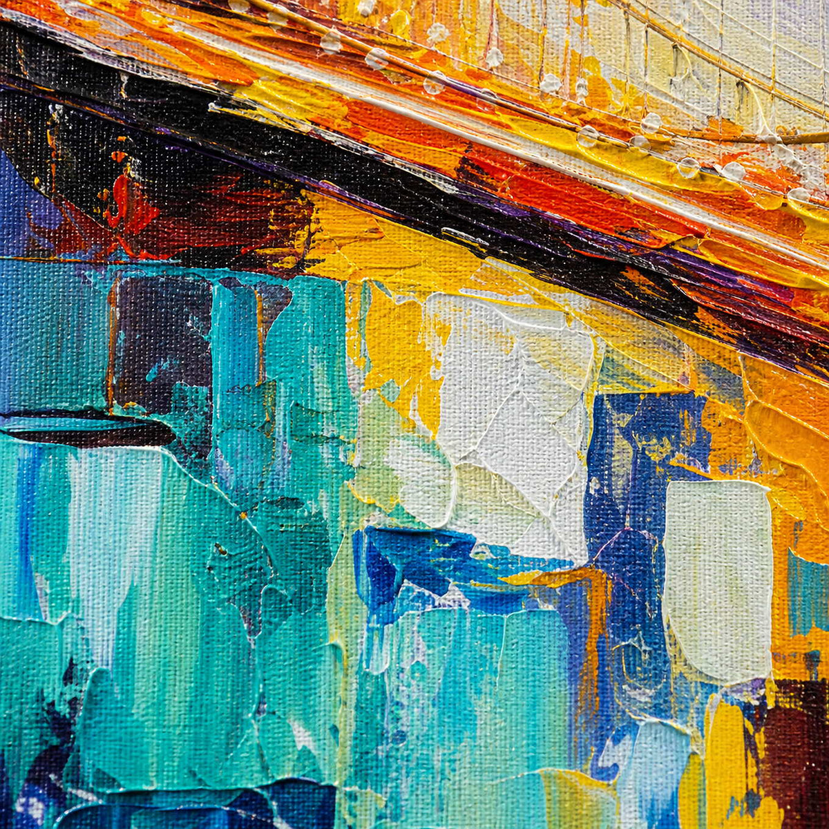 Close-up of vivid turquoise, amber, and cobalt palette-knife texture.