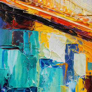 Close-up of vivid turquoise, amber, and cobalt palette-knife texture.