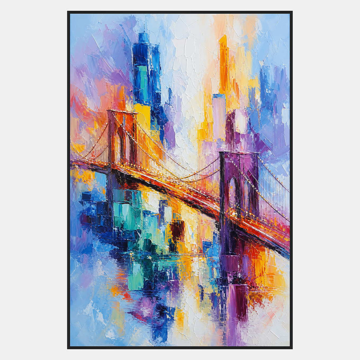 Hand-painted textured bridge cityscape in vivid blue, turquoise, violet, and amber.