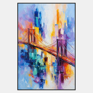 Hand-painted textured bridge cityscape in vivid blue, turquoise, violet, and amber.