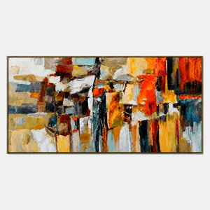 Panoramic orange, blue, ochre, black, and white abstract city painting.