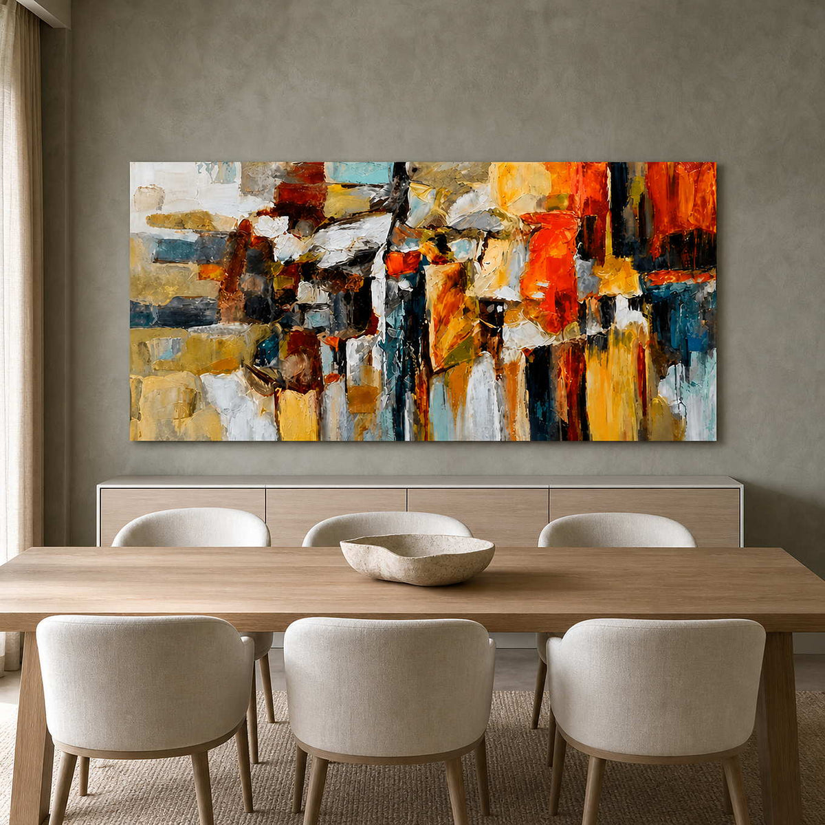 Colorful textured cityscape above a refined modern dining room.