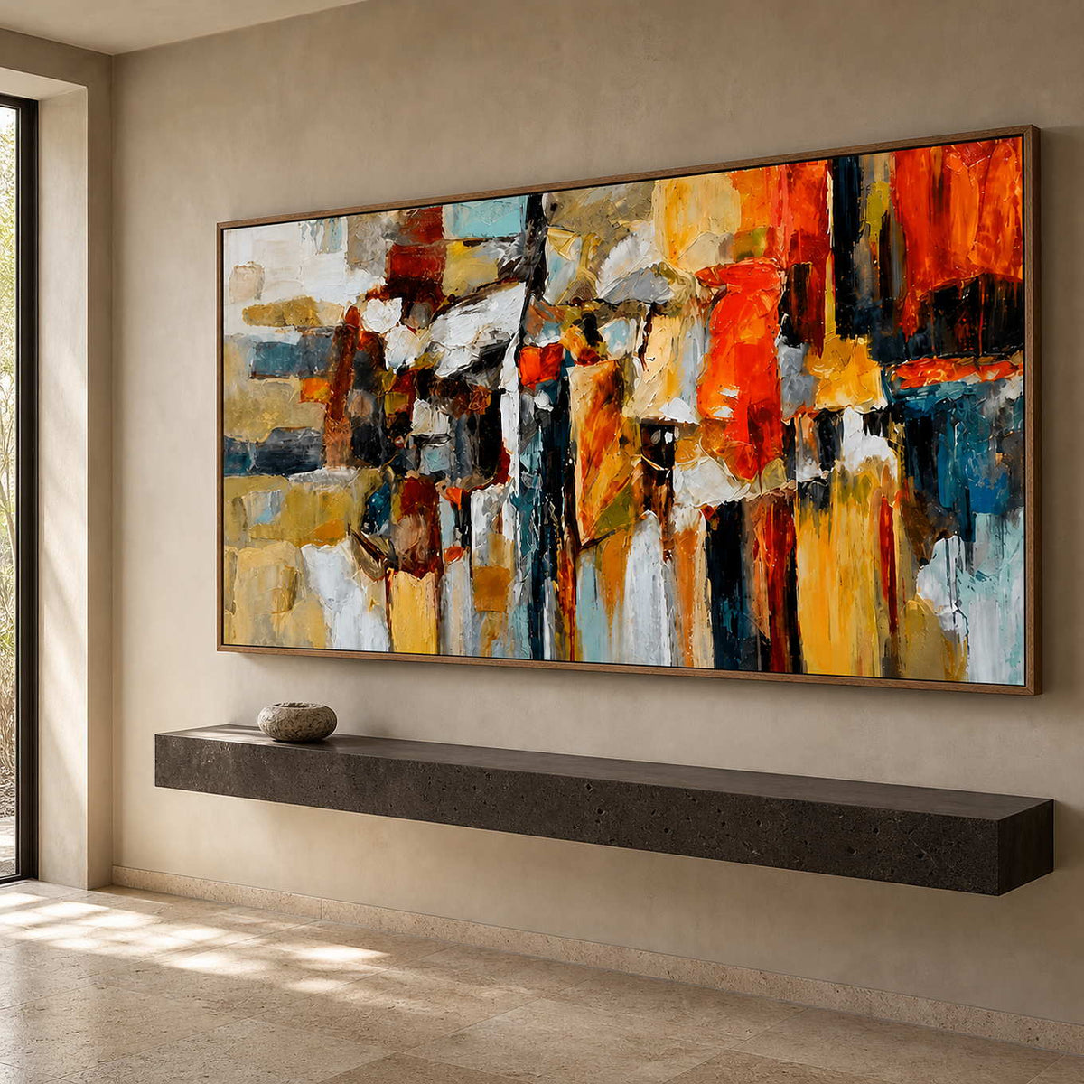 Textured panoramic abstract painting above a warm entryway console.