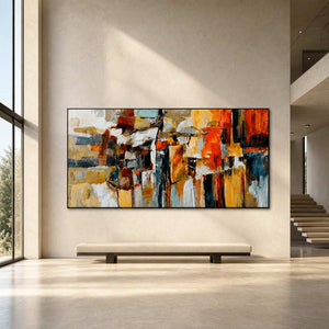 Large colorful cityscape wall art in a double-height foyer.