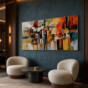 Vibrant abstract wall art in a boutique hotel lounge.