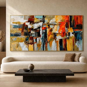 Colorful textured abstract wall art above a warm modern living room.