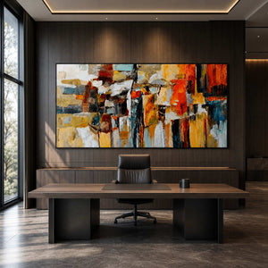 Bold urban abstract wall art in a contemporary office.