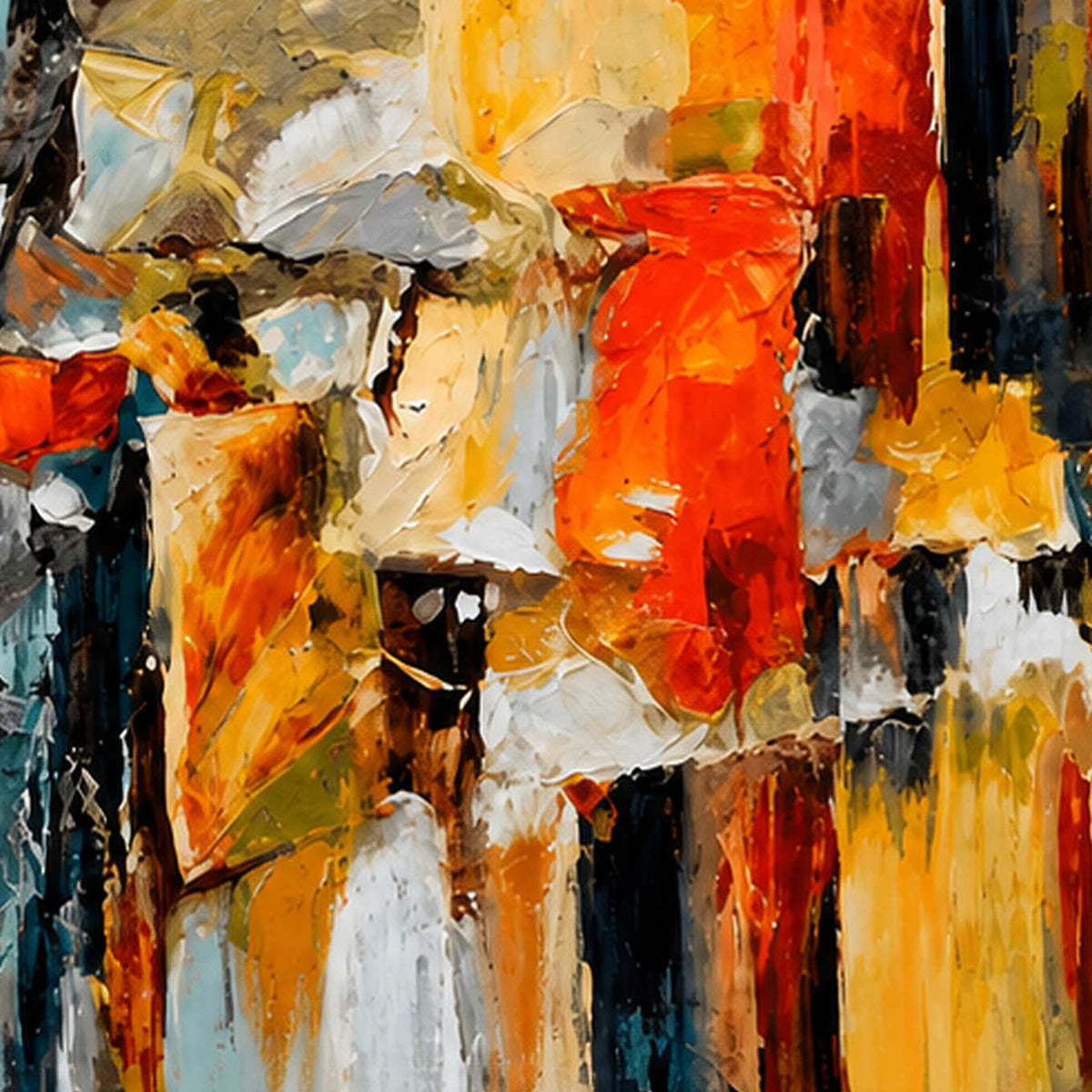Close-up of thick orange, blue, ochre, black, and white texture.