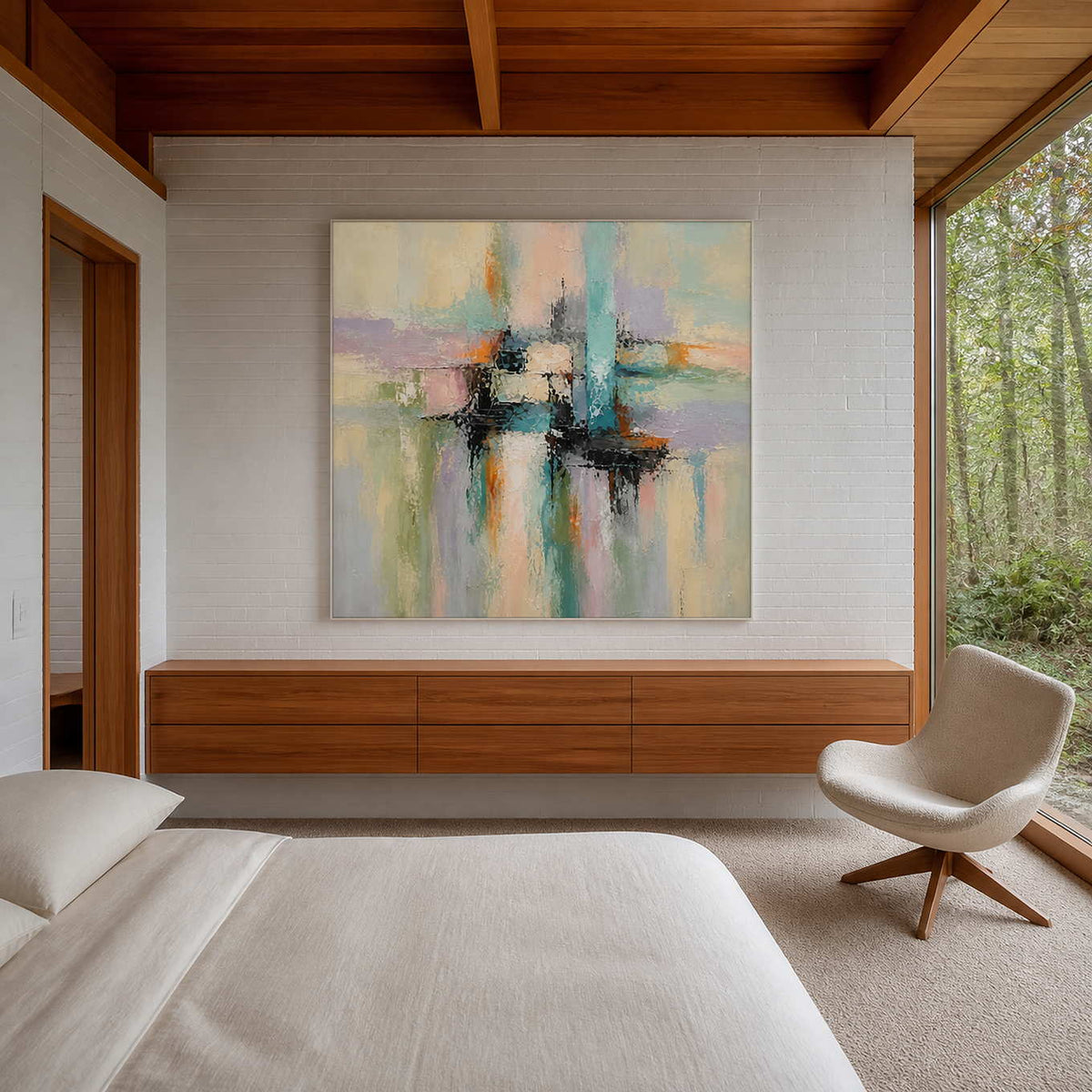 Softly colored abstract wall art in a bright modern bedroom.