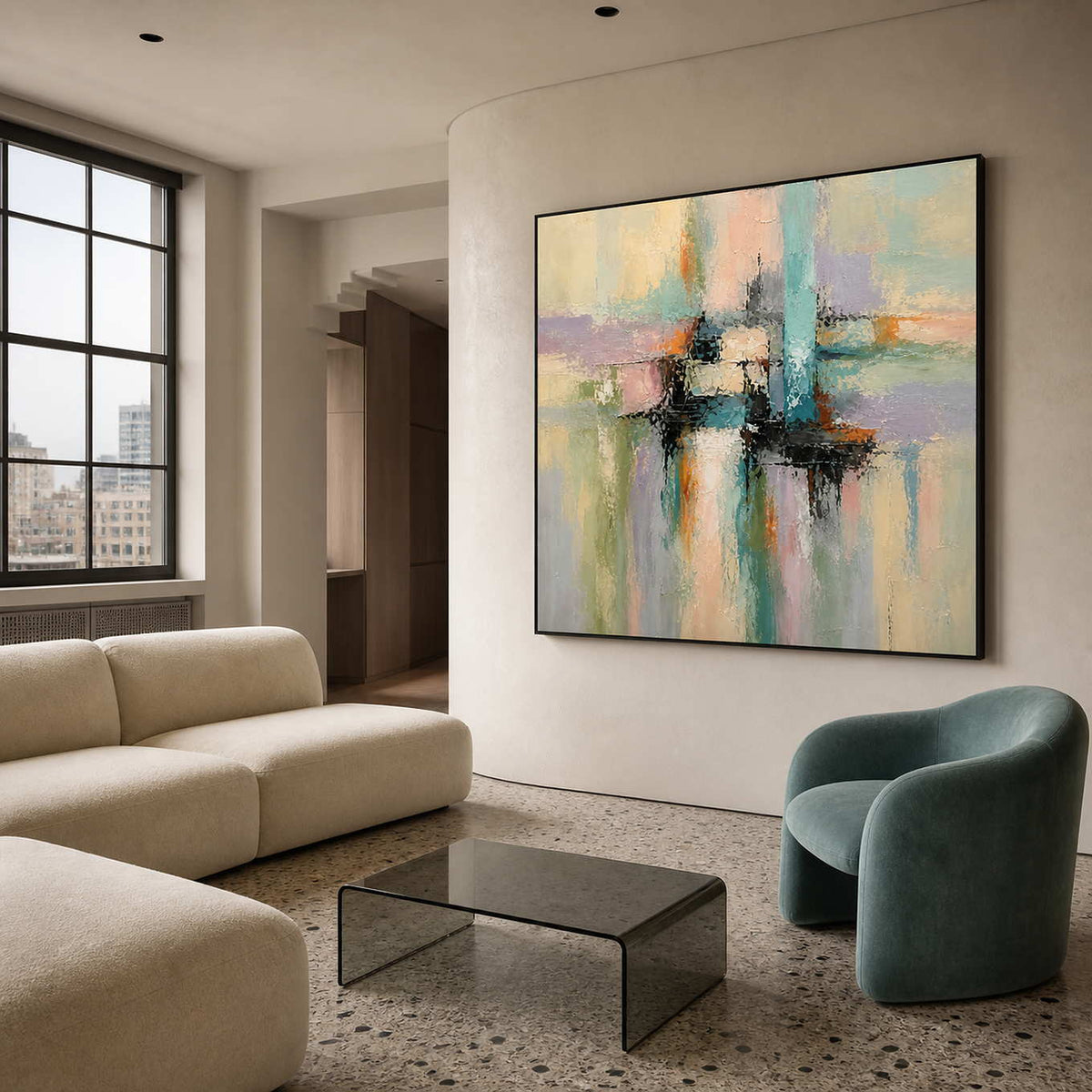 Pastel textured abstract wall art in a refined modern living room.