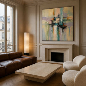 Square textured abstract painting above a fireplace in a Paris sitting room.