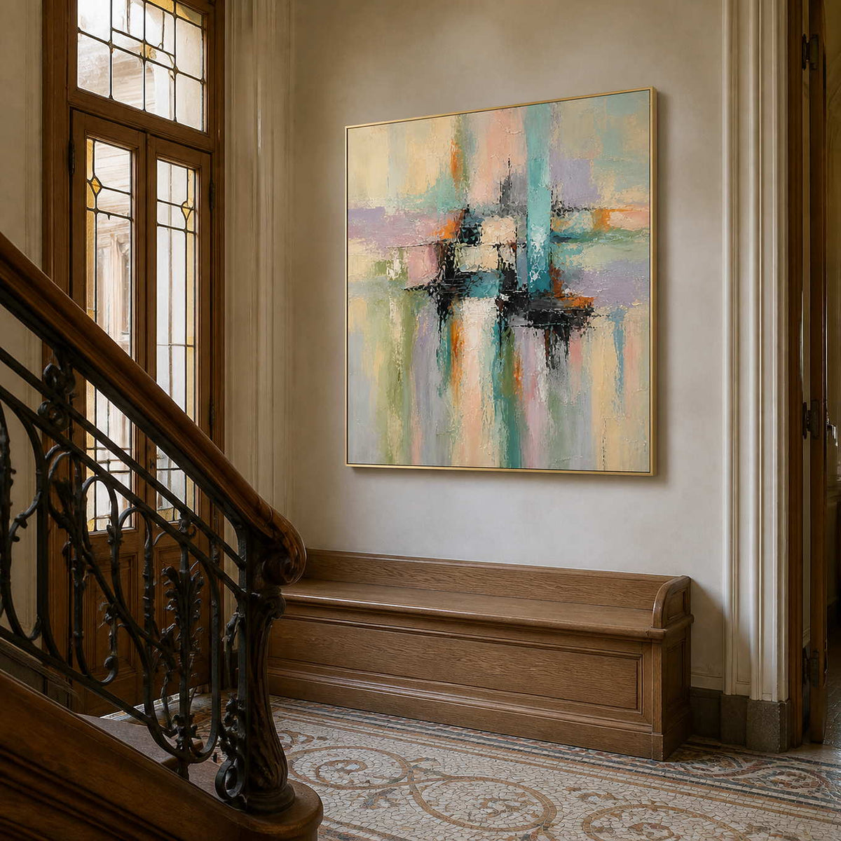 Textured pastel abstract artwork displayed beside an art nouveau staircase.