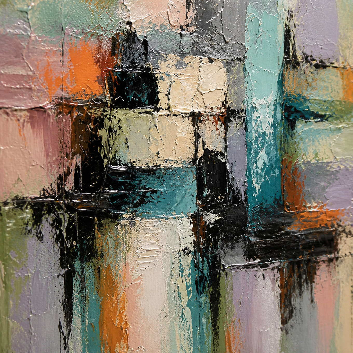 Close-up of raised pastel blocks, dark strokes, and palette-knife texture.
