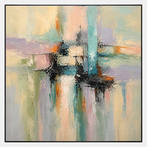 Hand-painted square abstract artwork with pastel color blocks and black structure.