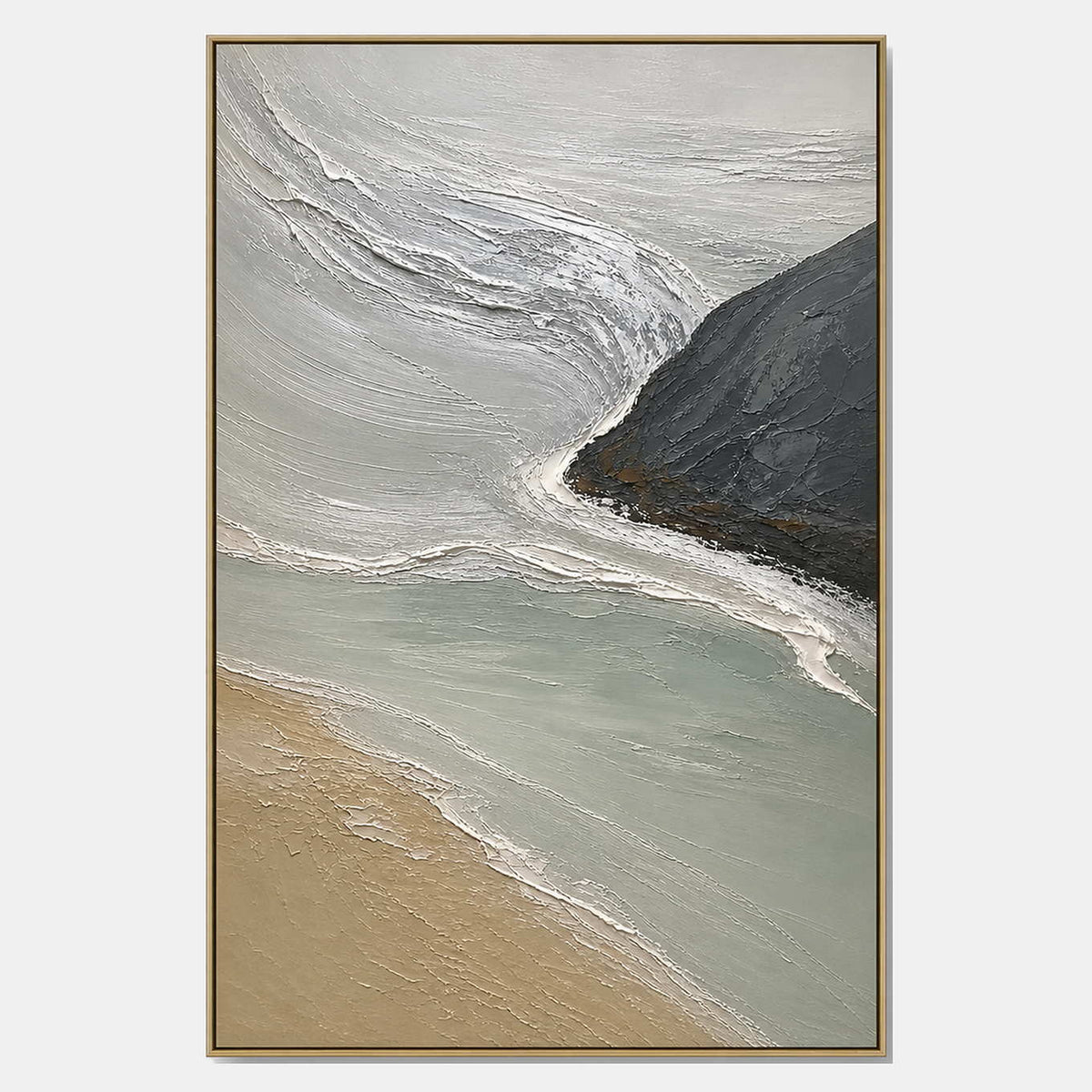 Hand-painted coastal wall art with blue, neutral, and earth tones tones.
