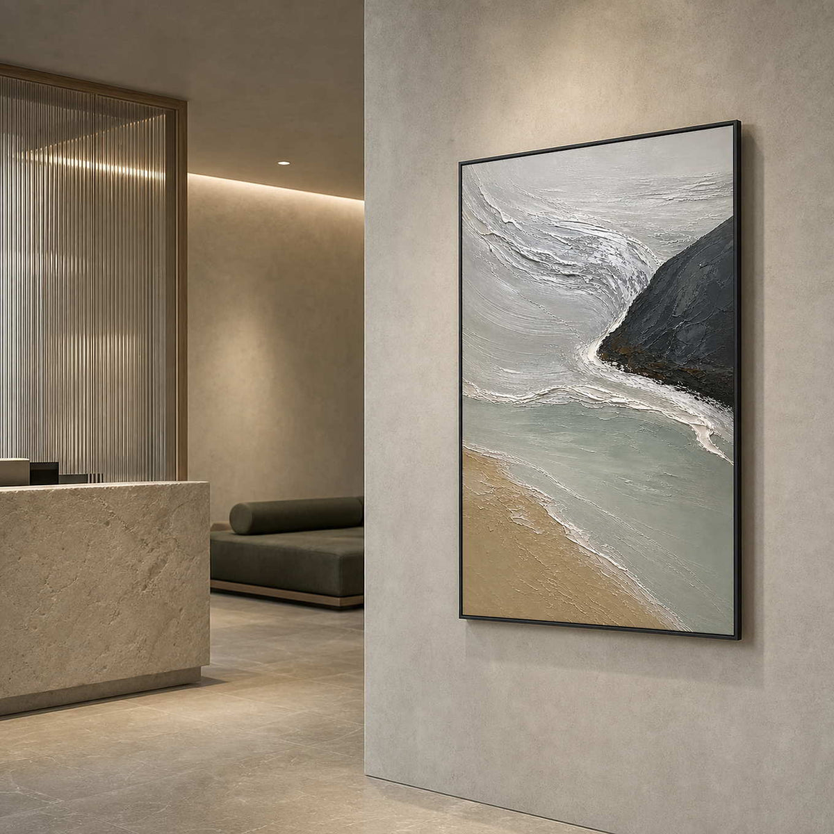 Coastal Wall Art displayed in a refined hospitality lounge.