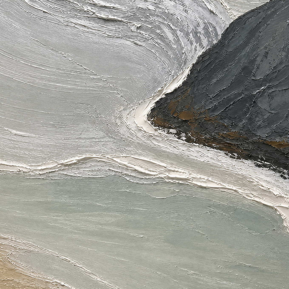 Close-up of raised hand-painted texture in blue, neutral, and earth tones.