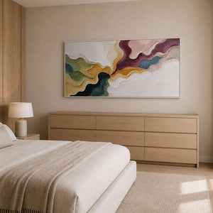 Warm burgundy and green abstract canvas in a quiet neutral bedroom.