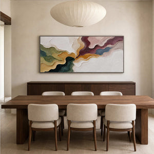Textured multicolor abstract artwork above a deep walnut dining table.