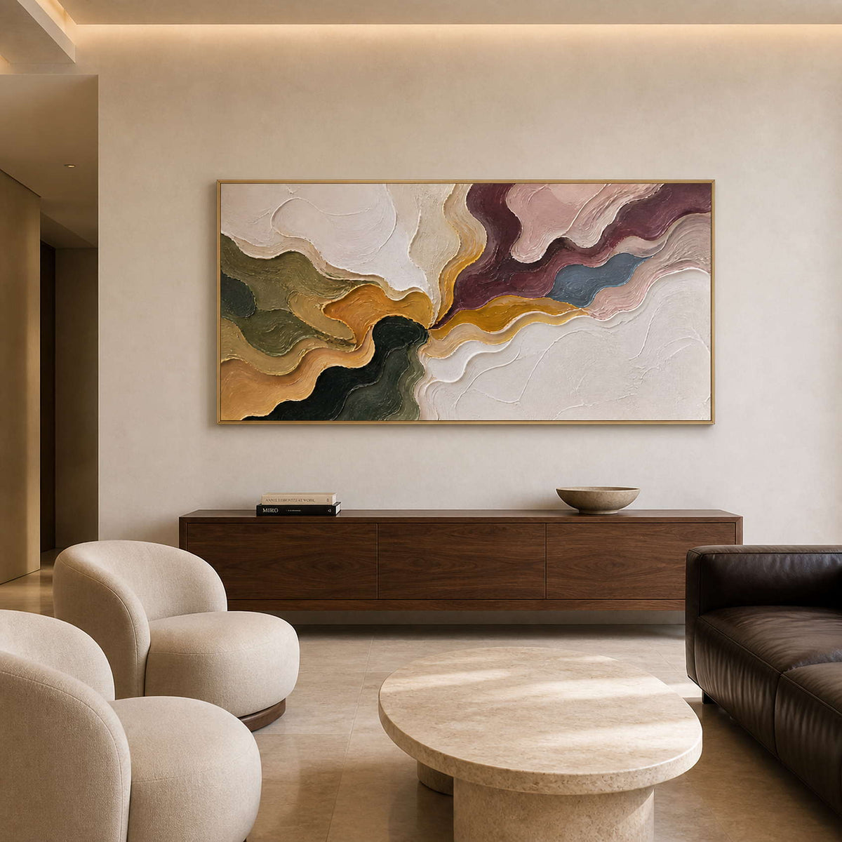Panoramic textured abstract artwork in an art hotel lobby lounge.