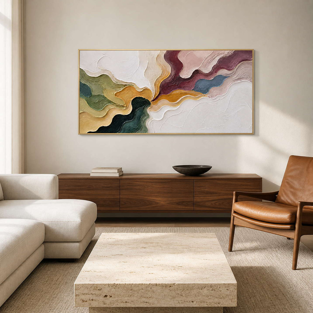 Burgundy, green, and ochre textured abstract wall art in a warm living room.