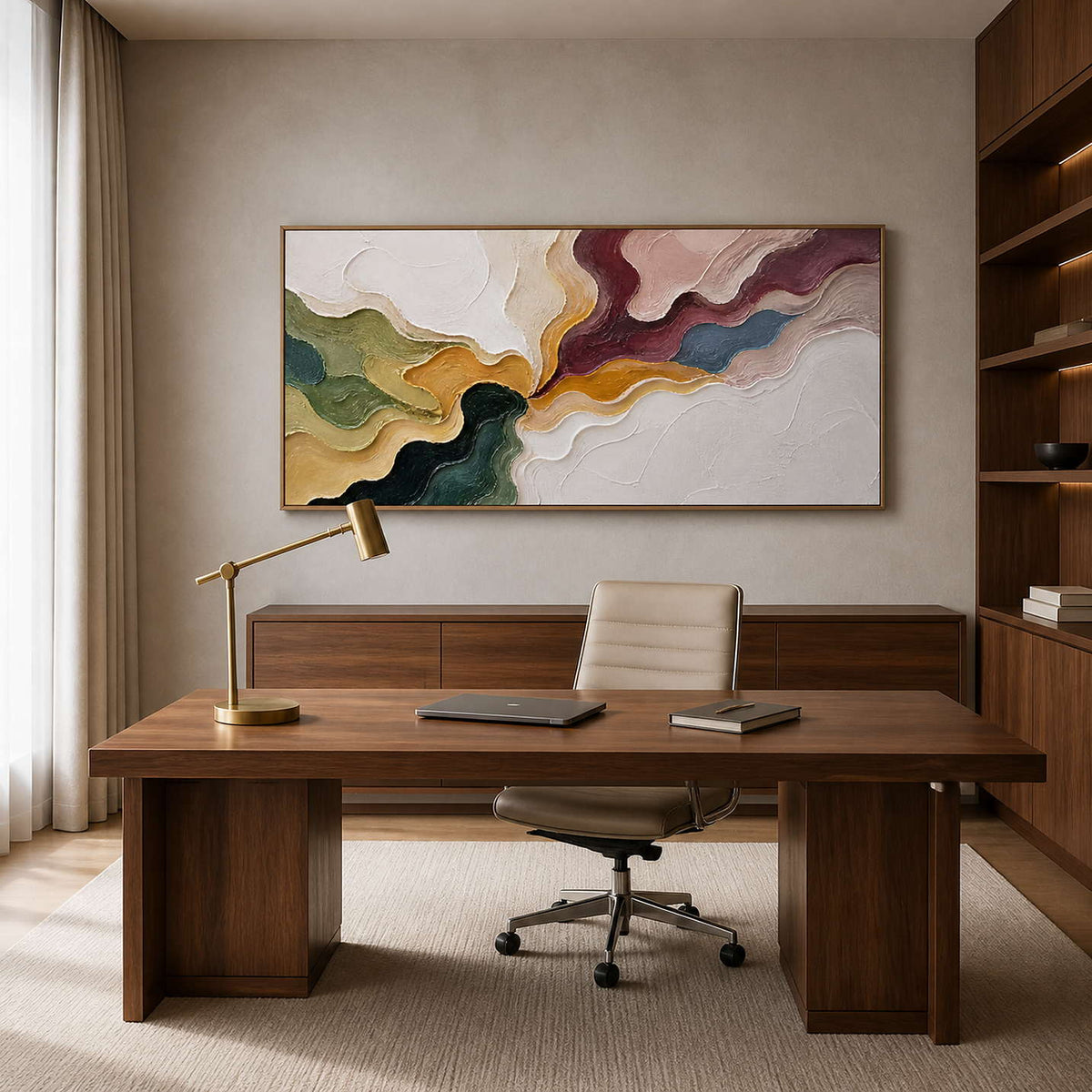Burgundy and ochre abstract artwork in a walnut home office.