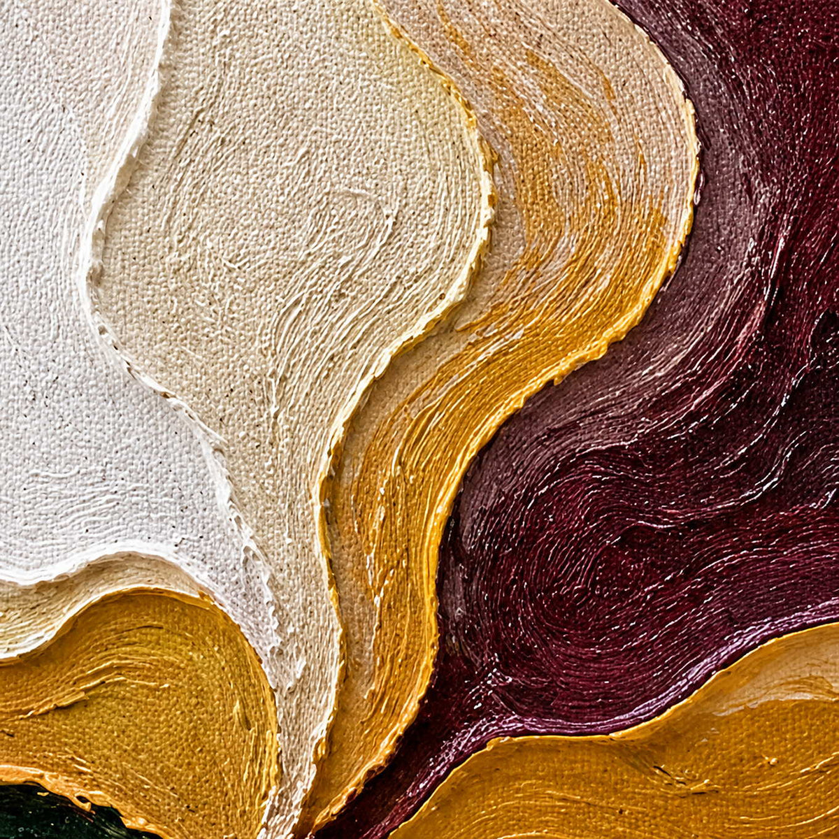 Close-up of raised burgundy, ochre, ivory, and green palette-knife curves.