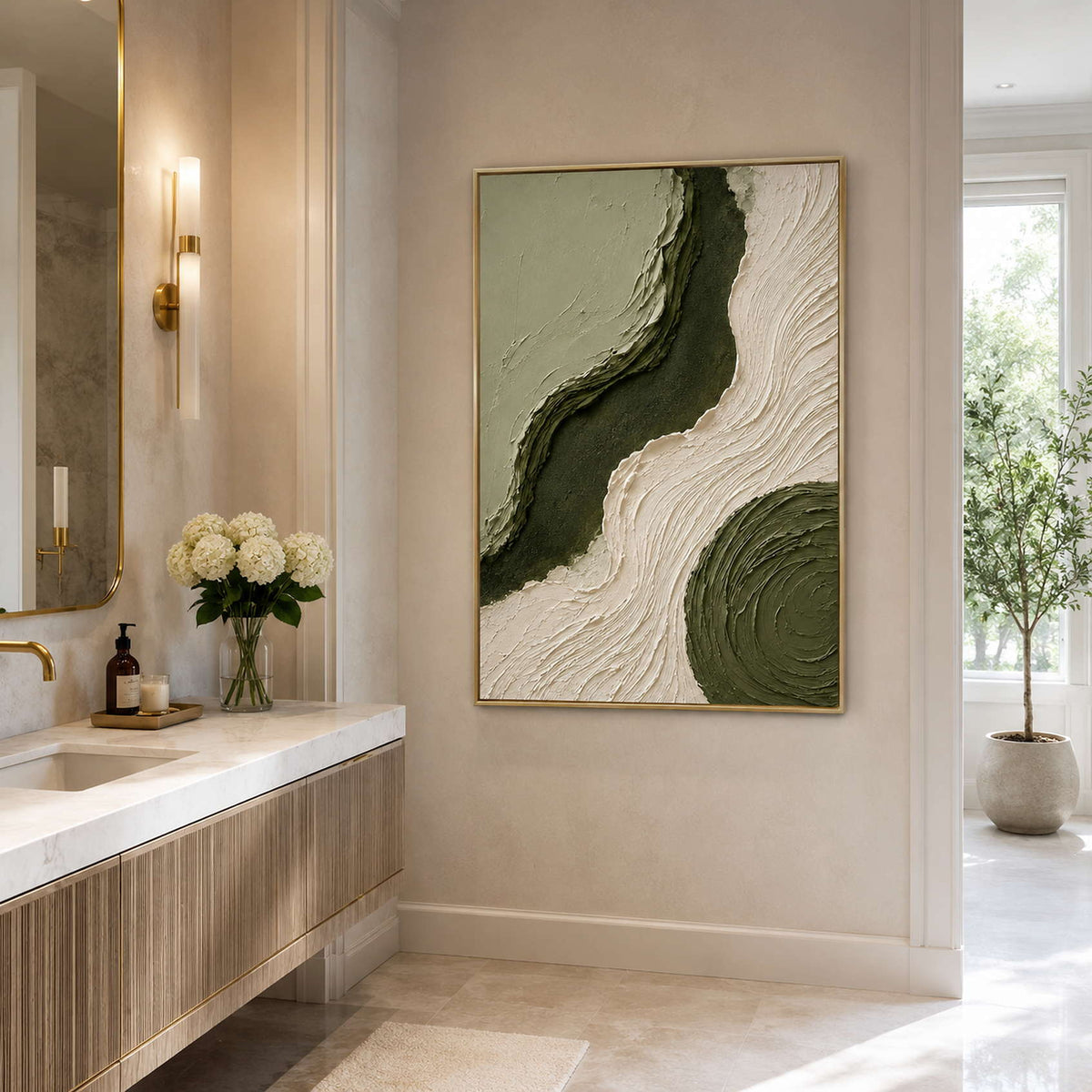 Olive textured wall art in a serene bathroom space.