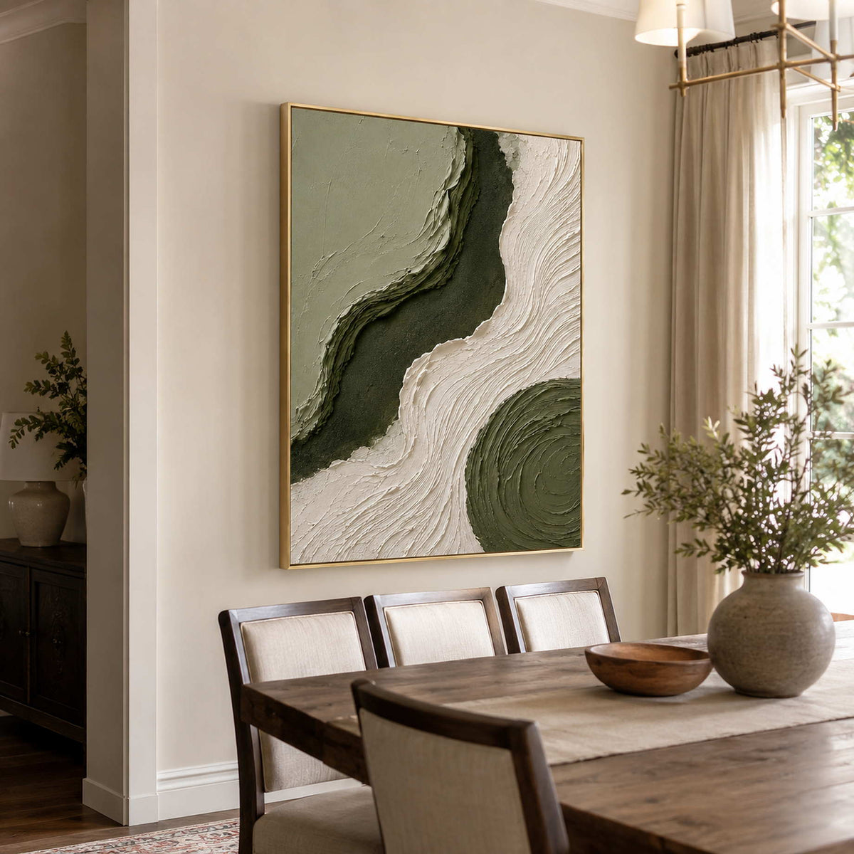 Olive and ivory abstract canvas in a refined dining room.