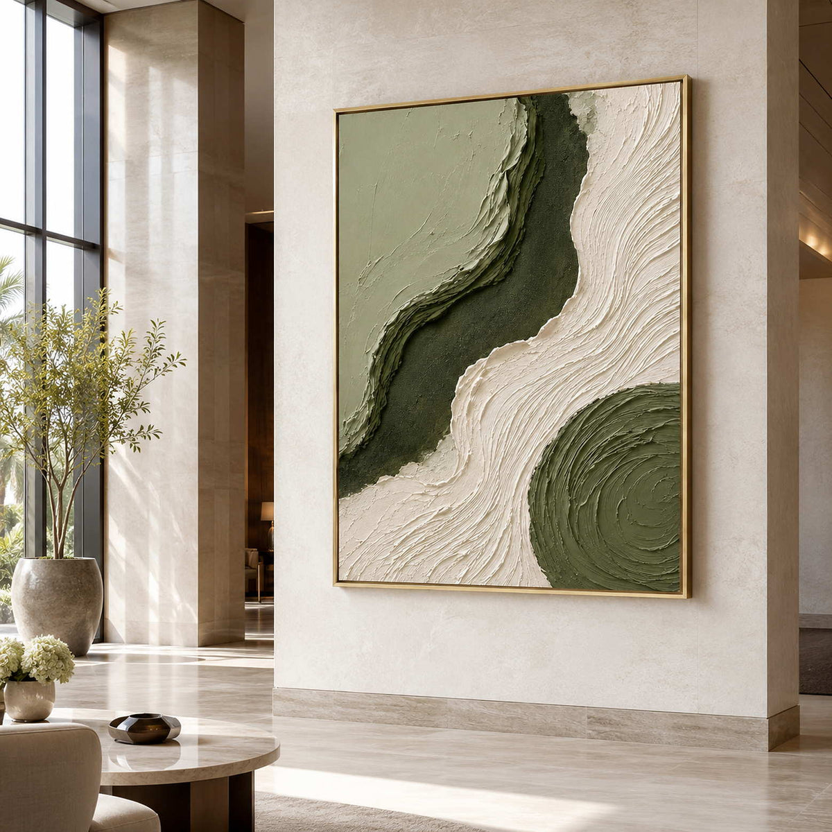 Textured abstract wall art displayed in a hotel lobby.