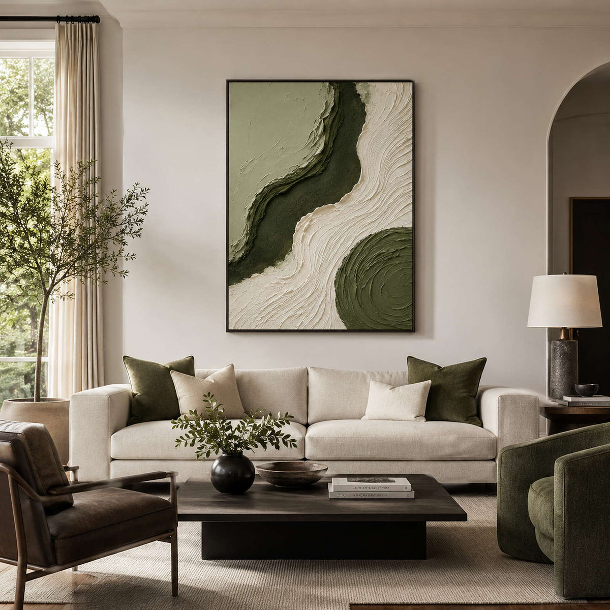 Green textured wall art styled in a modern living room.
