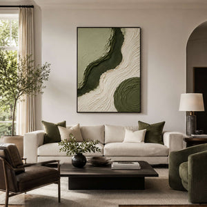 Green textured wall art styled in a modern living room.