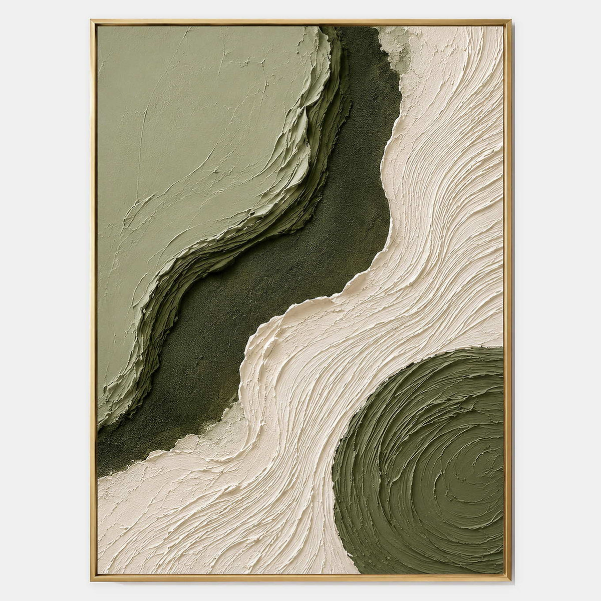 Hand-painted olive and ivory textured abstract canvas.