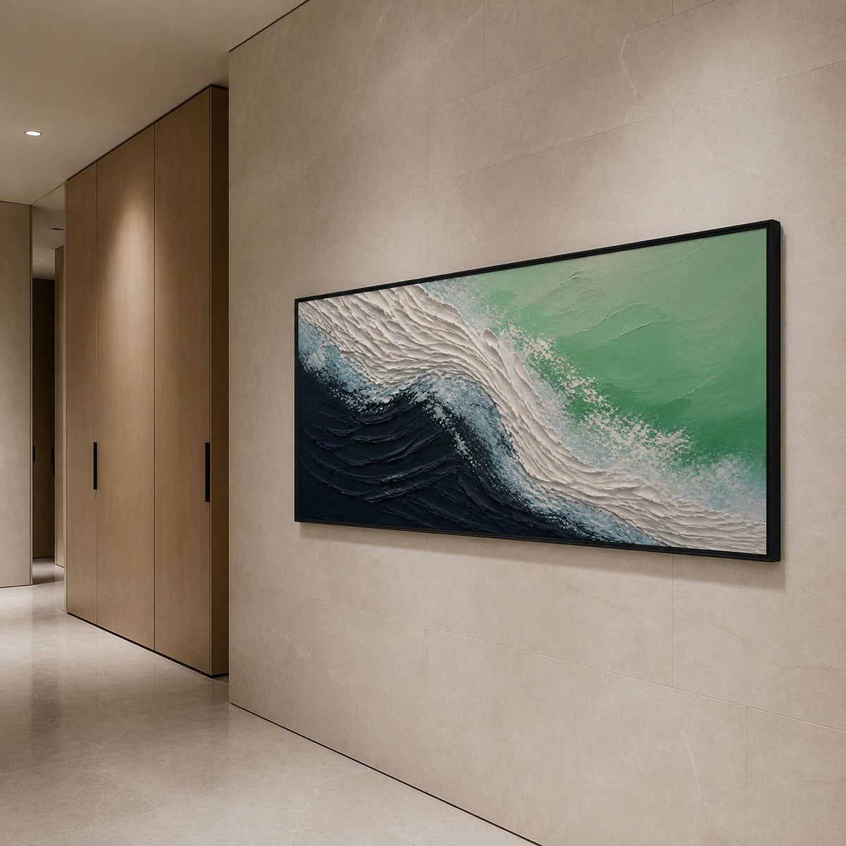 Textured ocean wave wall art displayed in a serene luxury bathroom.
