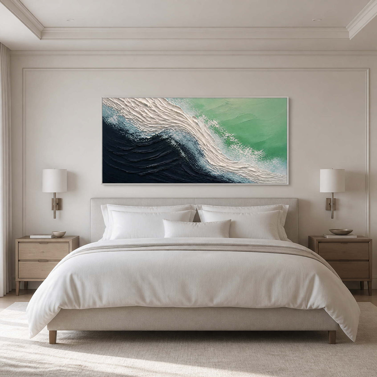 Blue and green textured coastal wall art displayed above a luxury primary bedroom.
