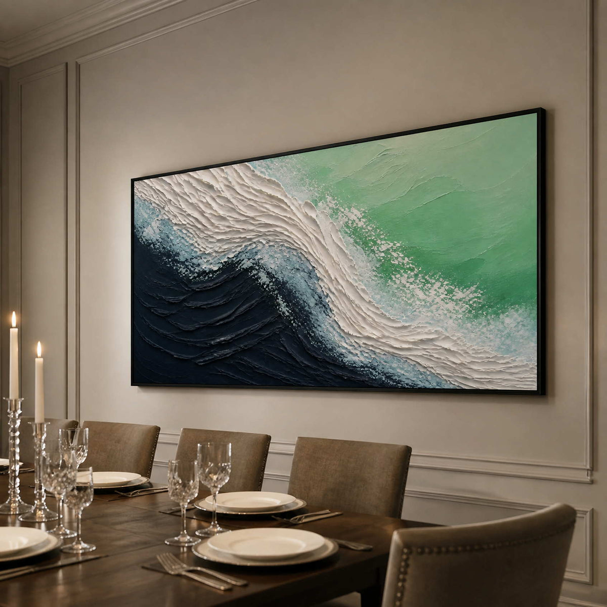 Panoramic ocean wave wall art displayed in a refined American dining room.