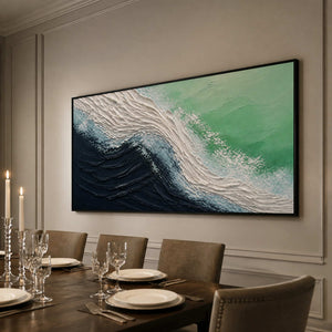 Panoramic ocean wave wall art displayed in a refined American dining room.