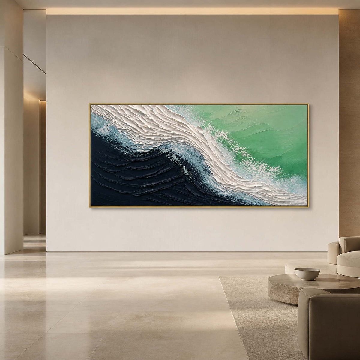 Panoramic textured coastal wall art displayed in an upscale hotel lobby.
