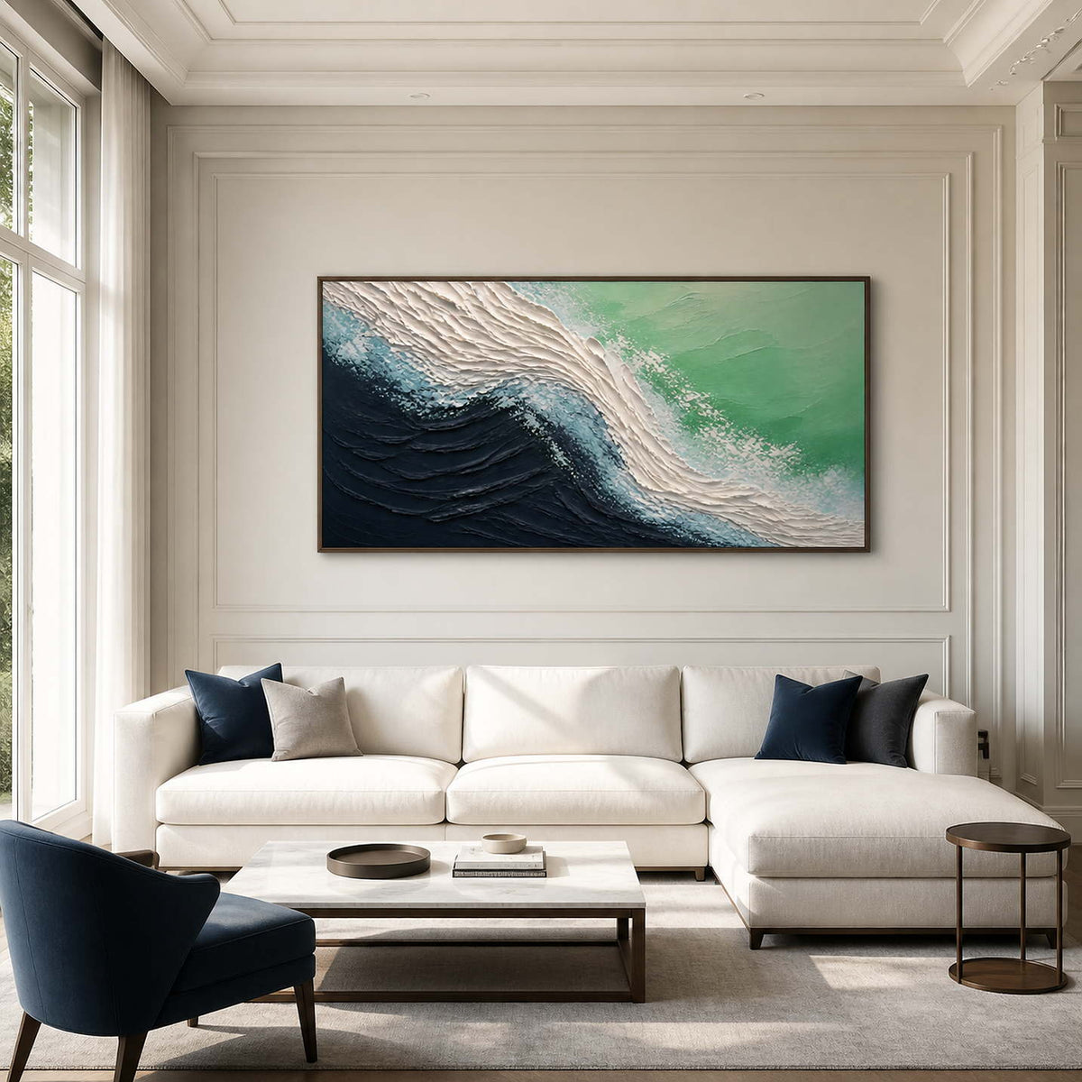 Textured navy and sea green coastal wall art displayed in a modern luxury living room.