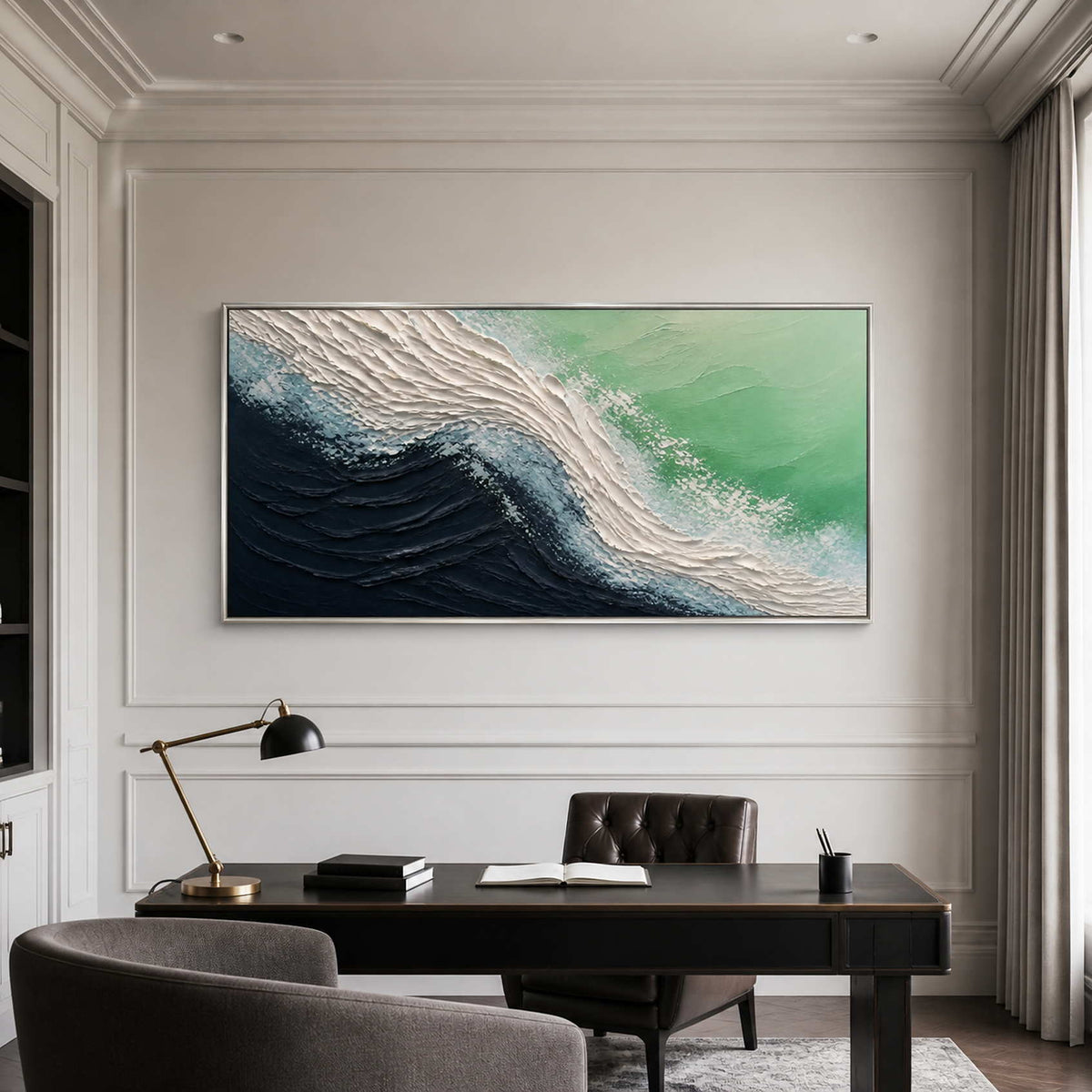 Panoramic navy and green coastal wall art displayed in a modern private office.